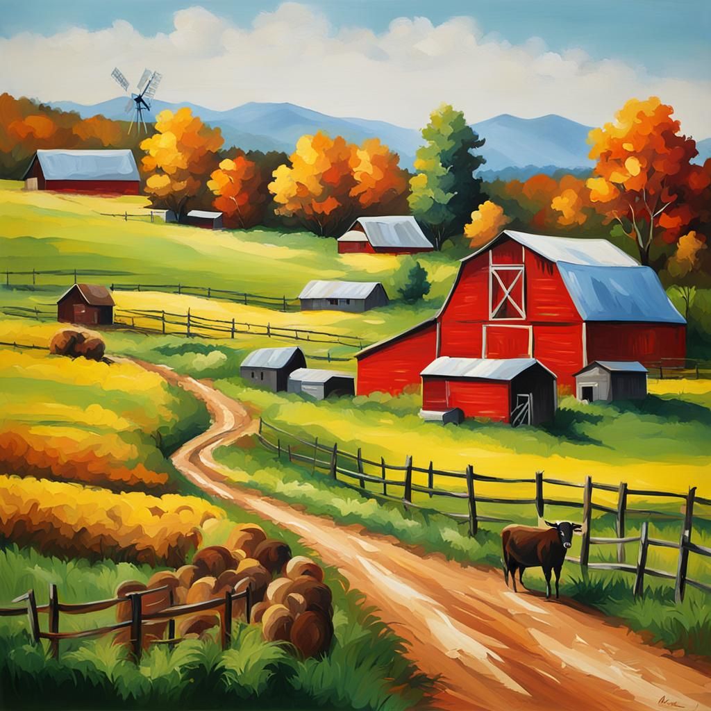 Idyllic Farm Scenery in Oil Paint