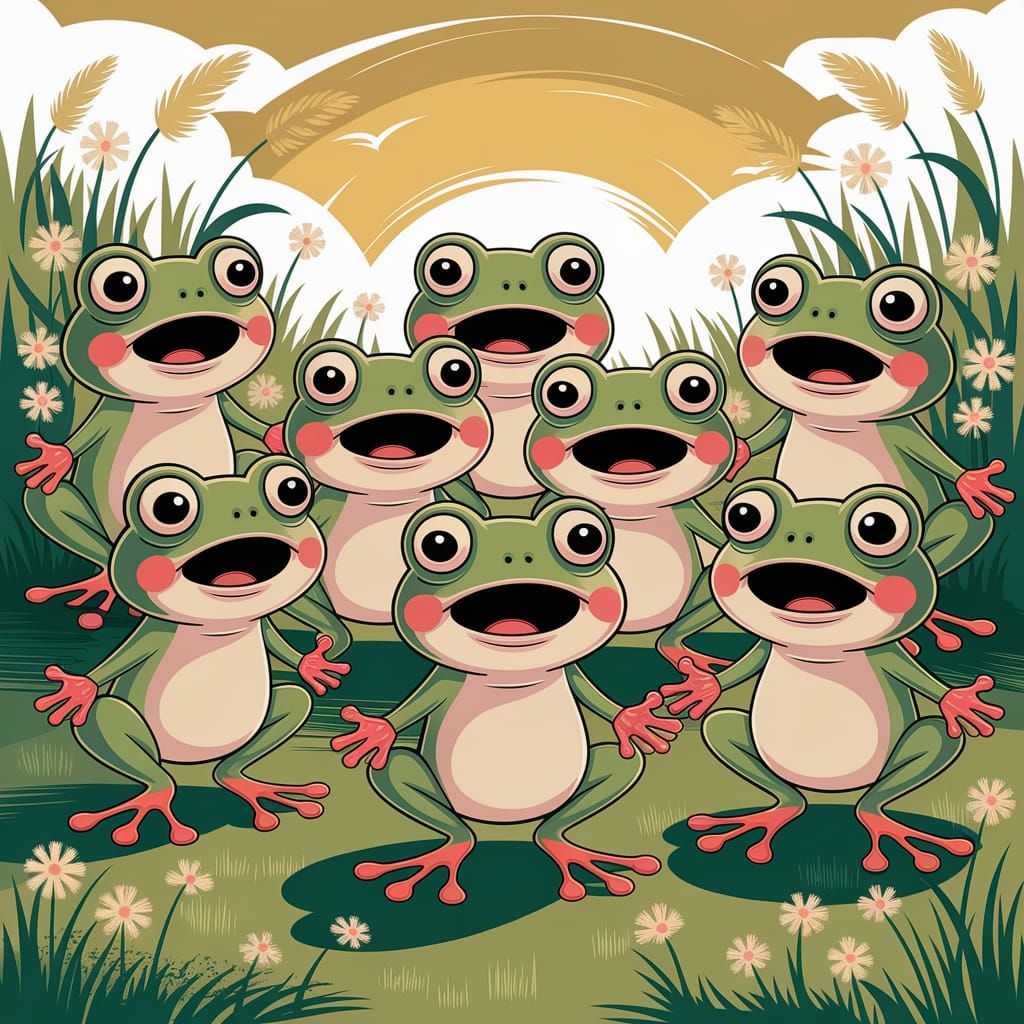Surprised Frog Children in Meadow Illustration