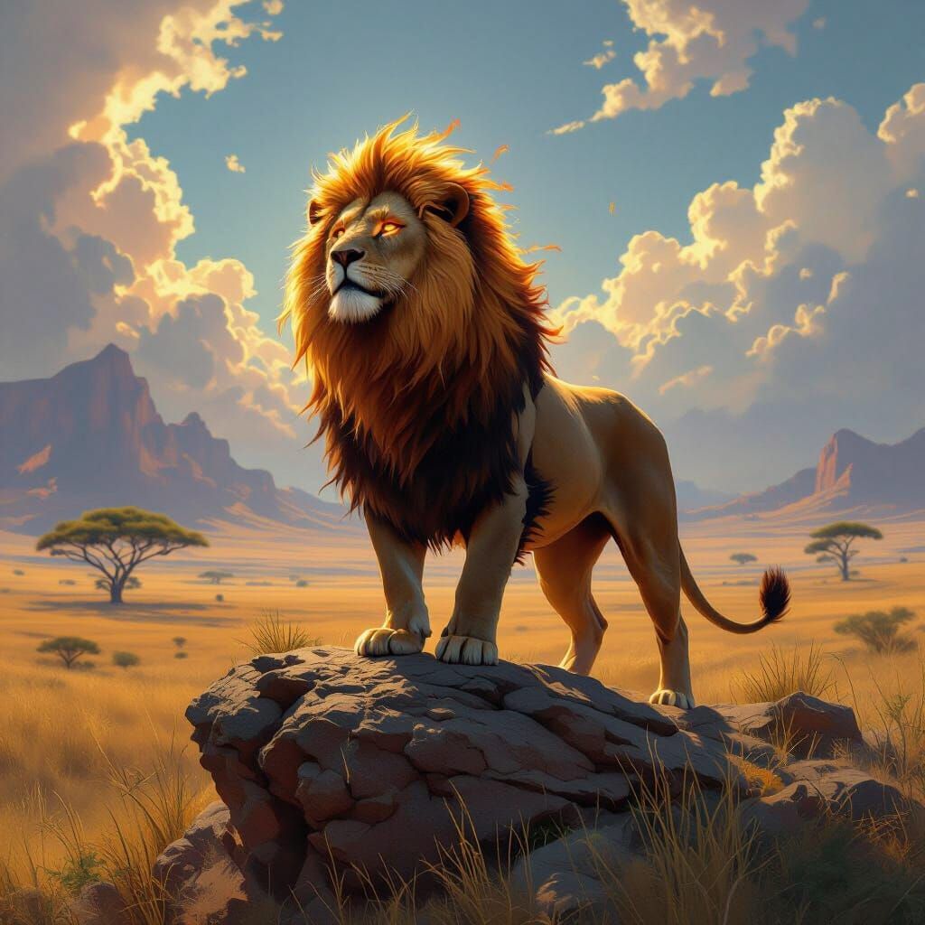 Fiery Lion Overlooking Savannah as Oil Painting