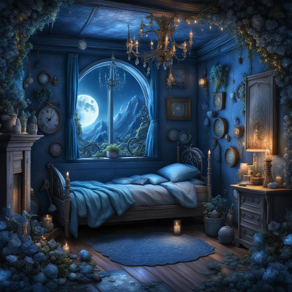Blue Fairycore Room with Grunge Wall Art