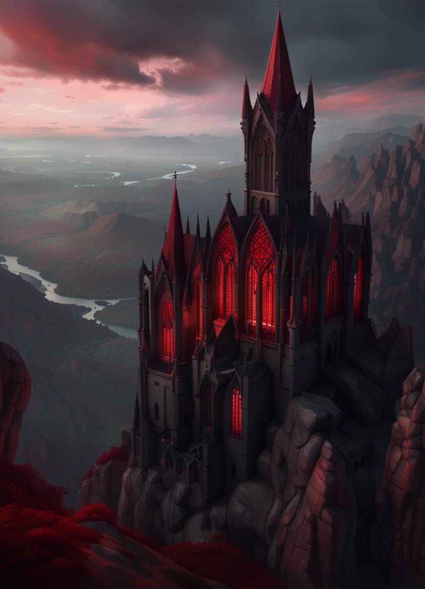 Gothic Church with Red Stained Glass Windows