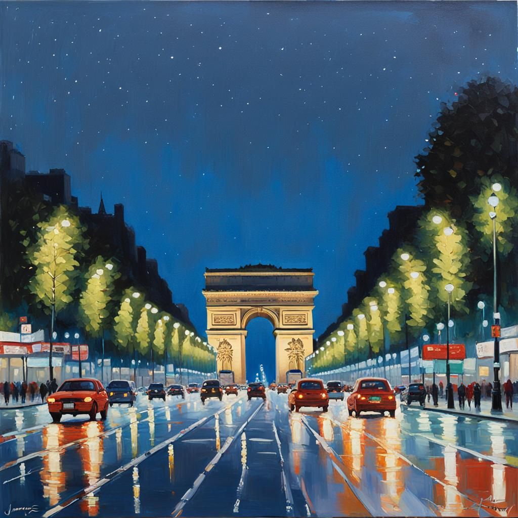 Arc de Triomphe at Night: Hyperrealistic Oil Painting