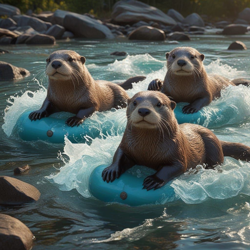 Joyful Otters Slide Through Crystal Rapids in Vibrant Digita...