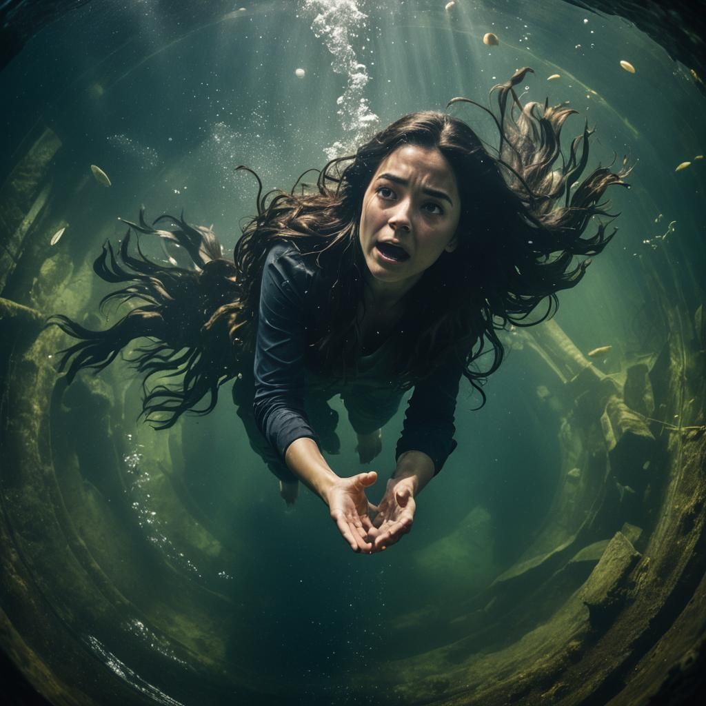 Dramatic Underwater Horror Scene of Woman Falling