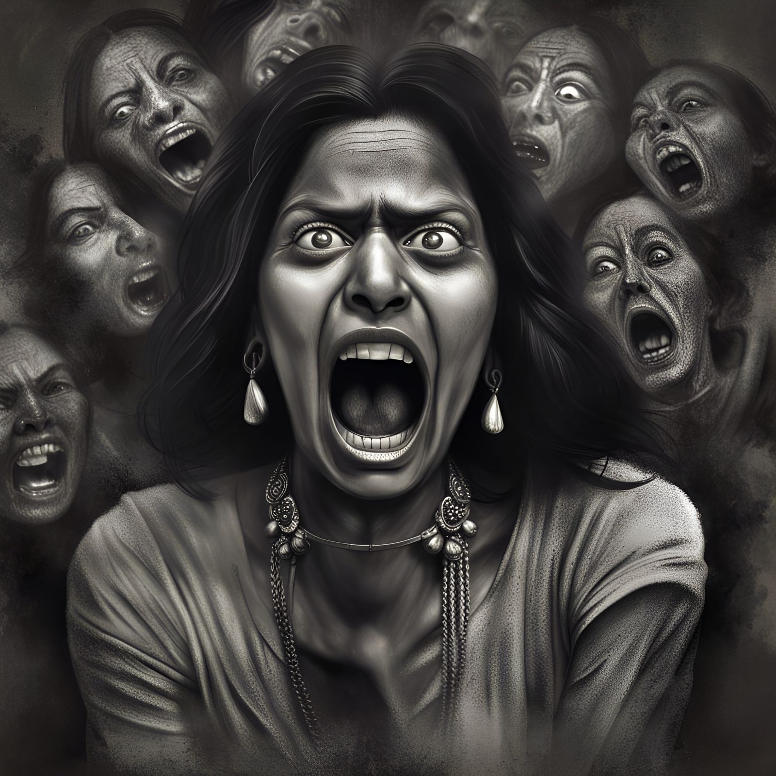 Scared Indian Woman Computer Morph in Silver Print