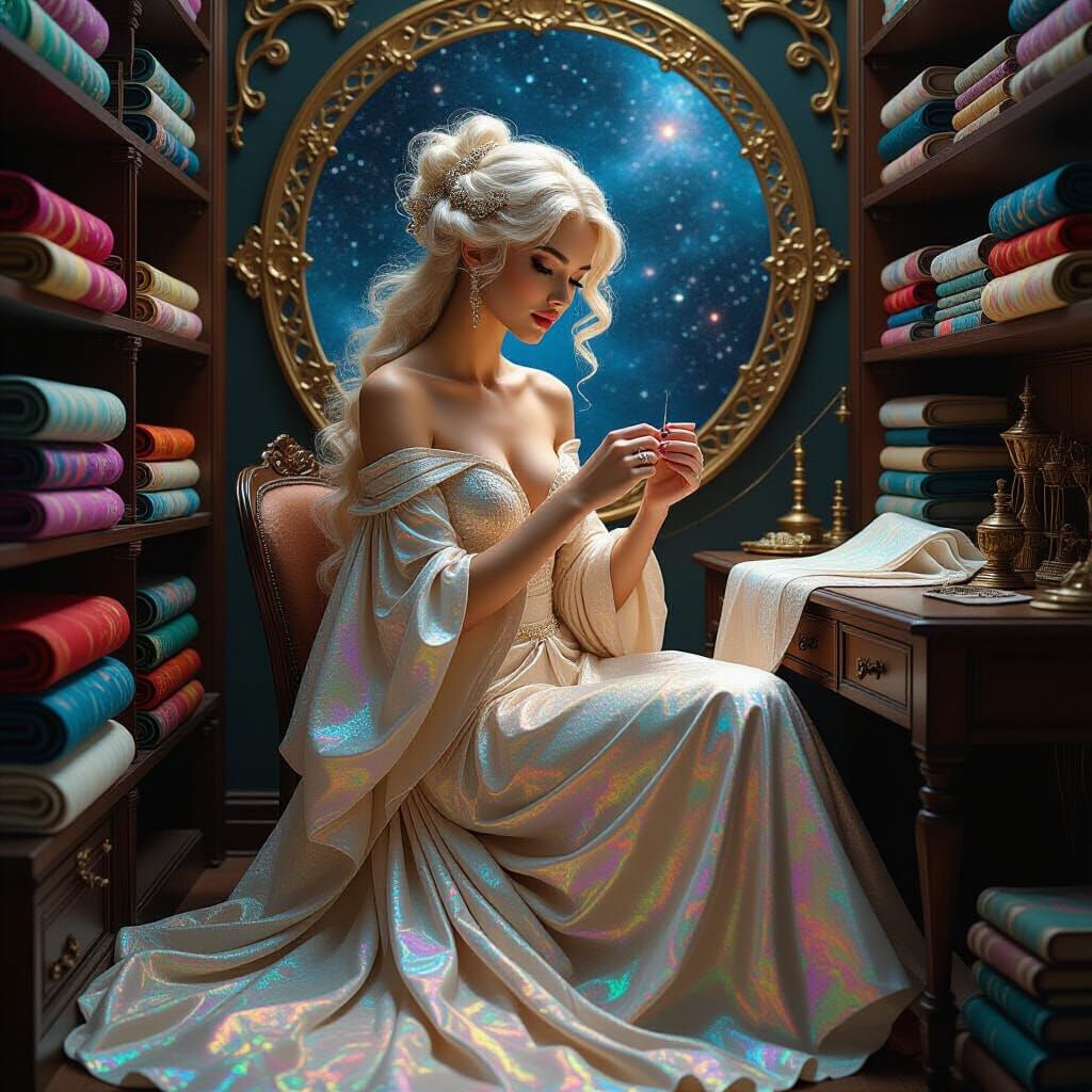 Celestial Seamstress Weaving the Cosmos in Art Nouveau