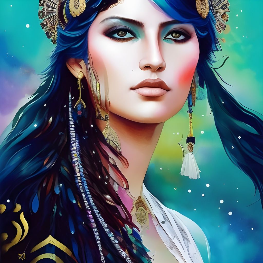 Lakota Girl with Blue Hair, Gouache and Watercolor