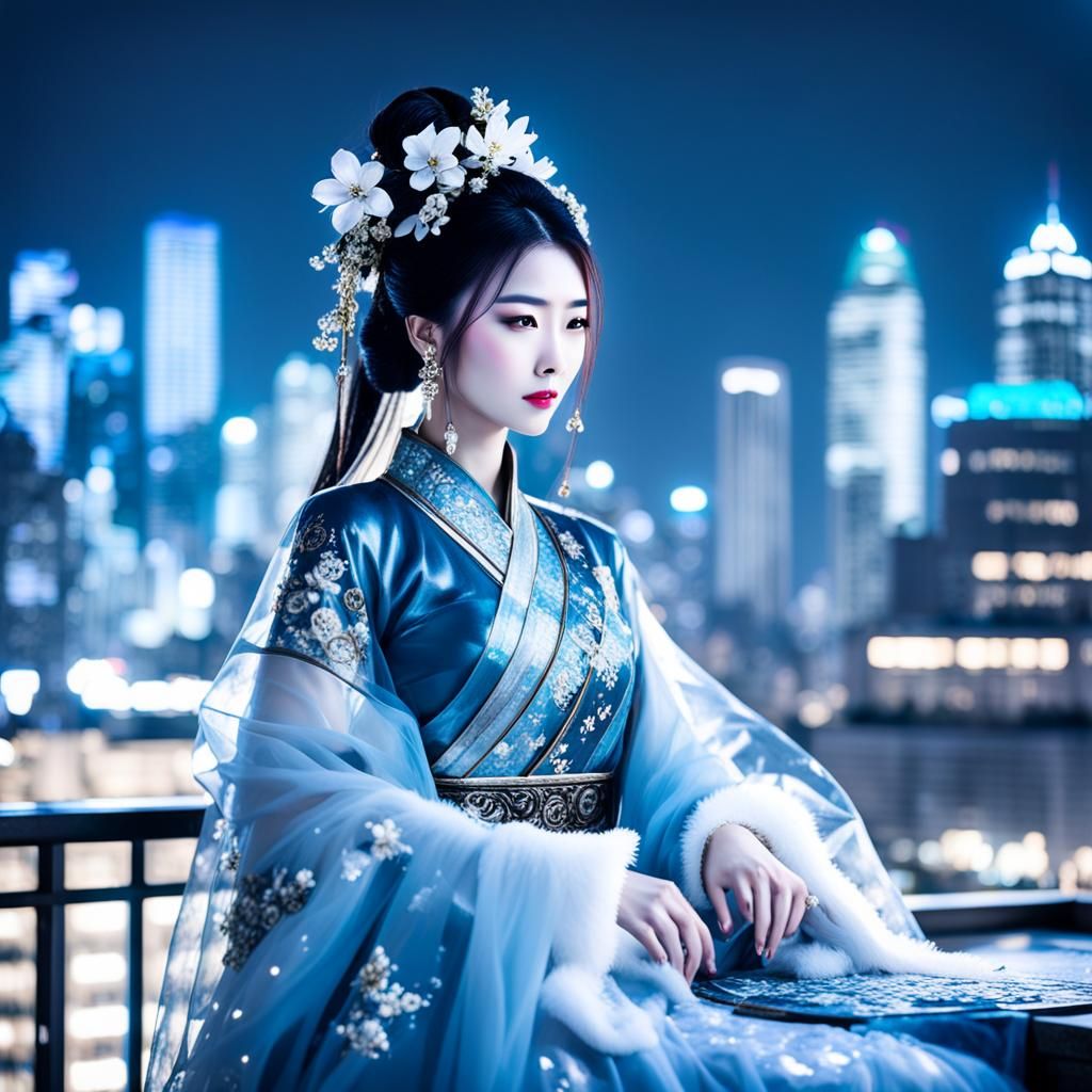 Ancient Chinese Woman Studying on Balcony