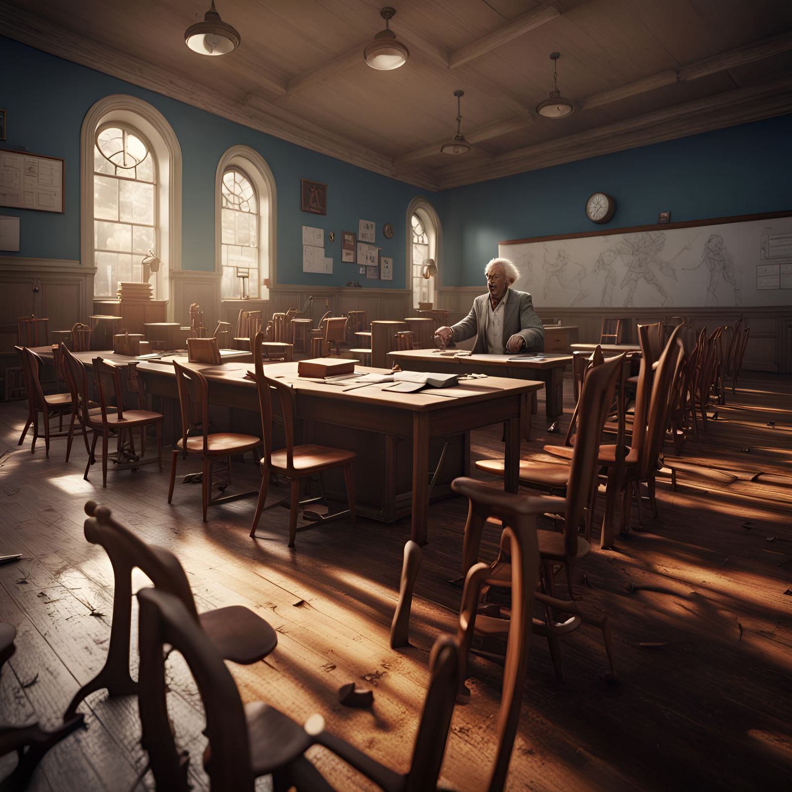 Angry Teacher in Classroom: Detailed Matte Painting