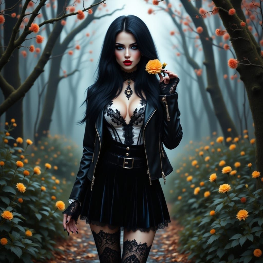 Gothic Woman in Foggy Forest with Yellow Flower