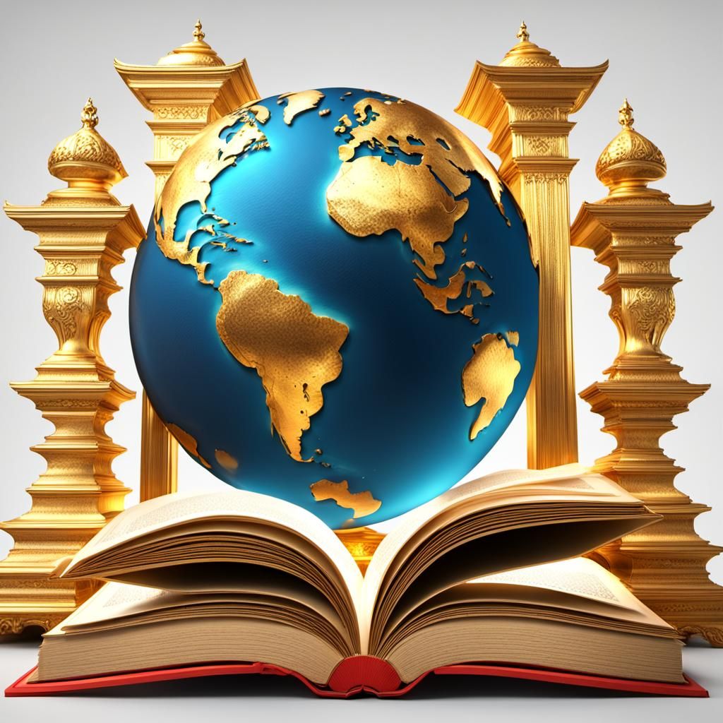Ornately Gilded Books with Earth in 3D