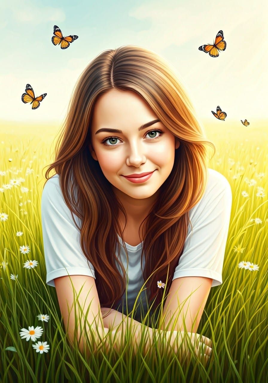 Serene Woman in Whimsical Meadow Scene