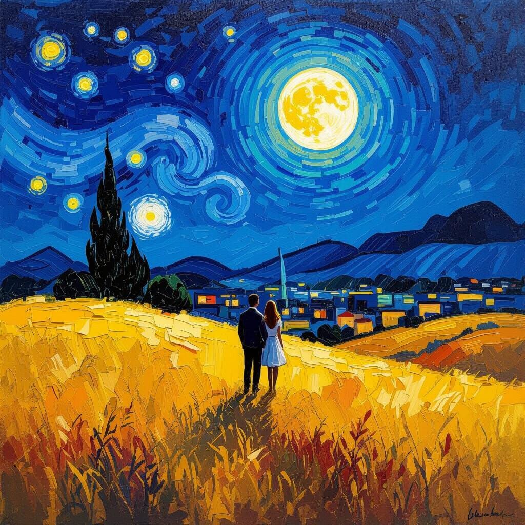 Couple Watches Moonrise in Van Gogh Style