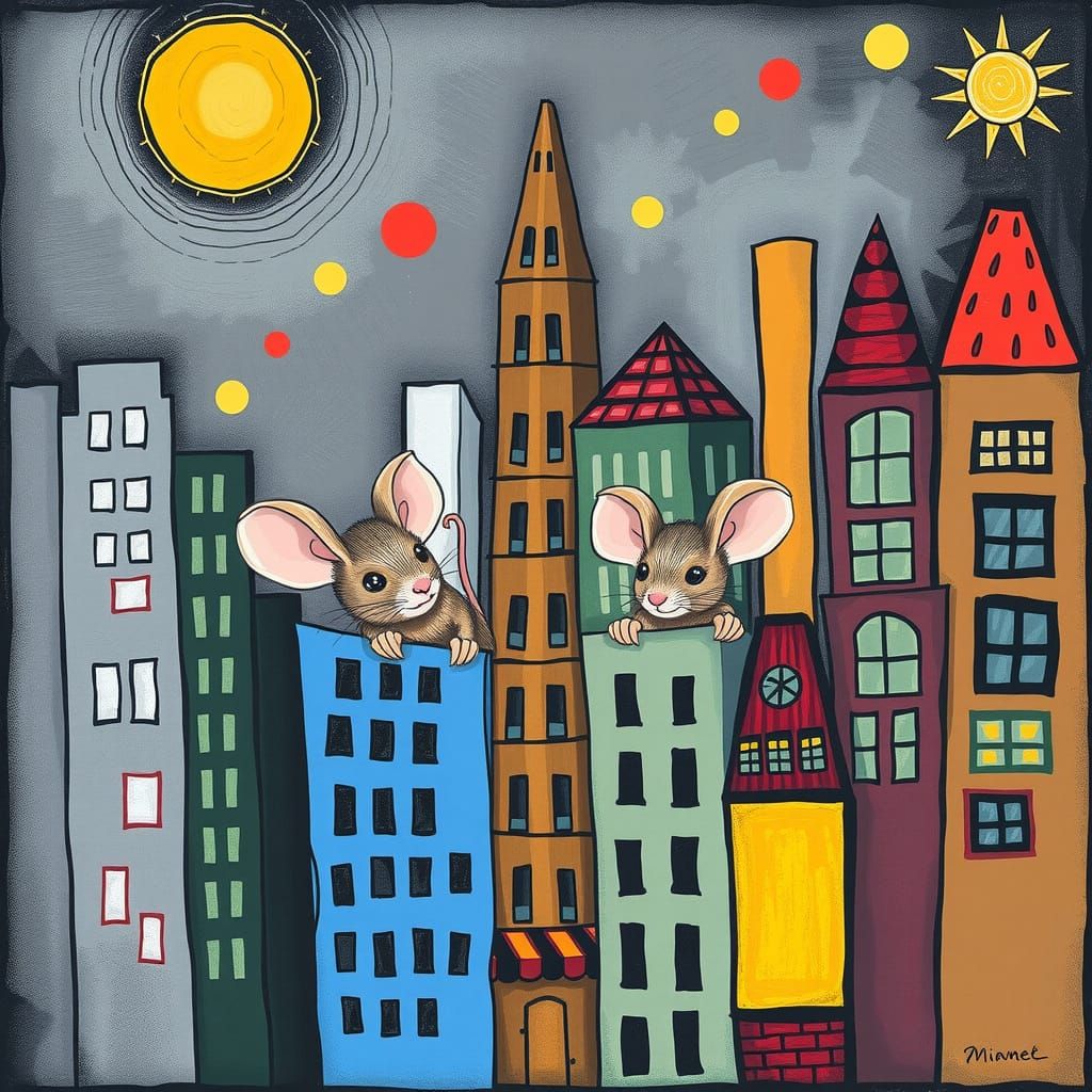 Chibi Mice Cityscape in Chalk Art Style