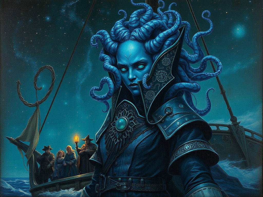 Towering Pirate Woman with Tentacle Hair, Oil Painting