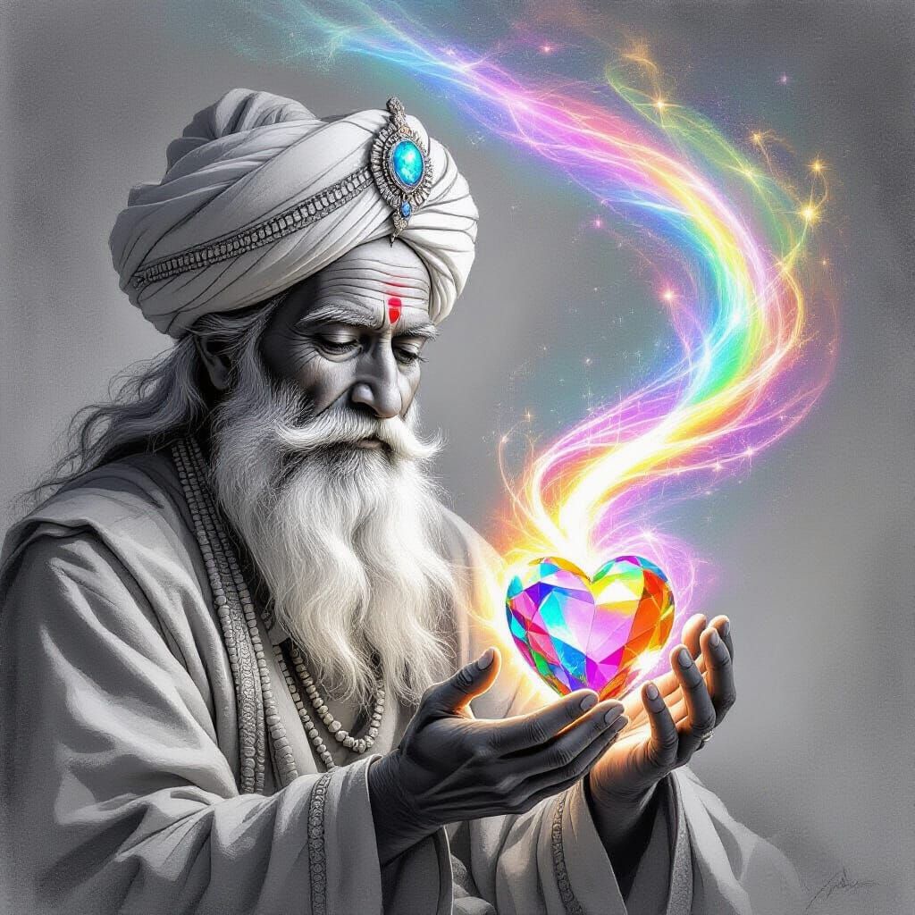 Elderly Sage Holds Radiant Gemstone Heart in Monochrome Sket...