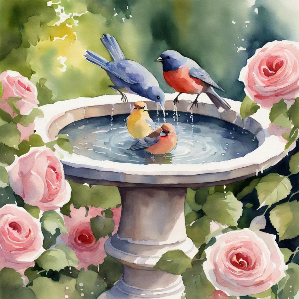 Bird Bath in Rose Garden Watercolor