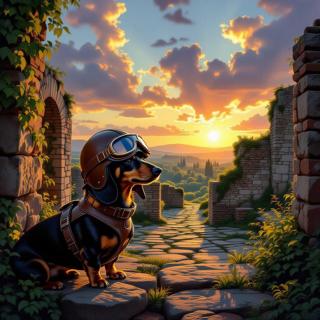 Dachshund Pilot in Ancient Ruins at Sunset