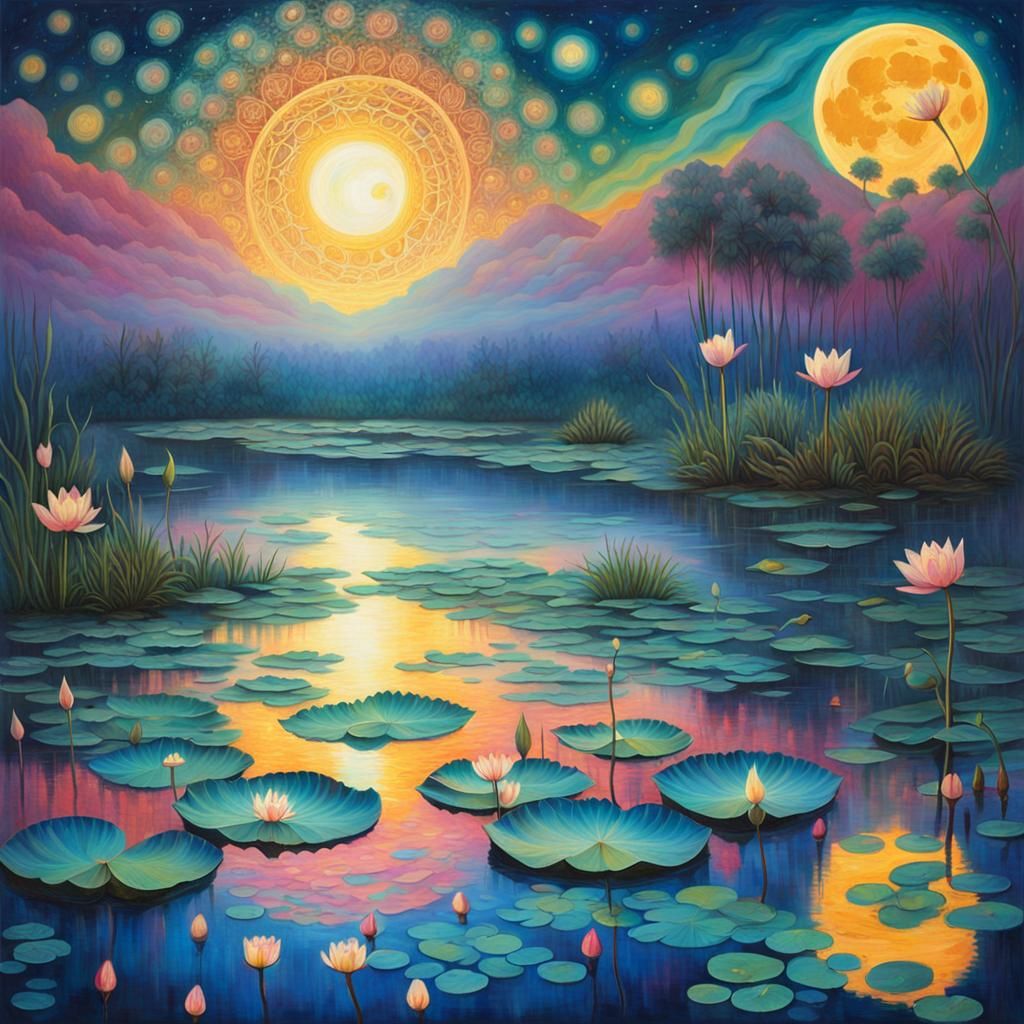 Luminous Moon Over Wetlands in Astral Dreamscape Style
