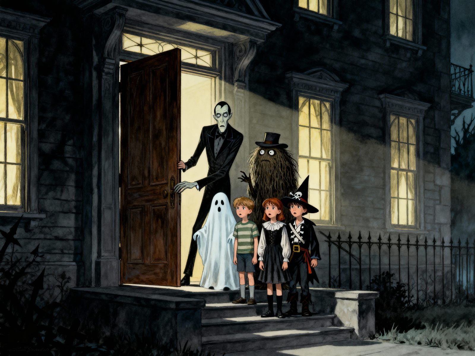 Children Confront Addams Family Mansion on Halloween