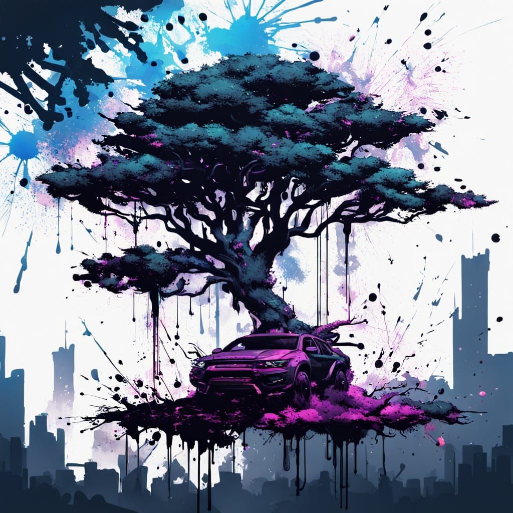 Cyberpunk Tree Grows From Ink Splatter