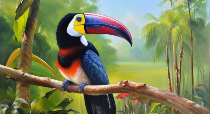 Toucan in Lush Pond: Oil Painting