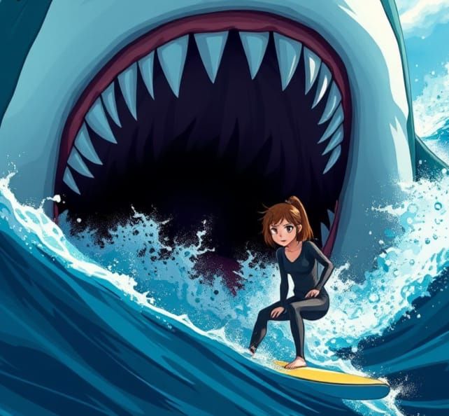 Giant Shark Attacks Surfer in Anime Style