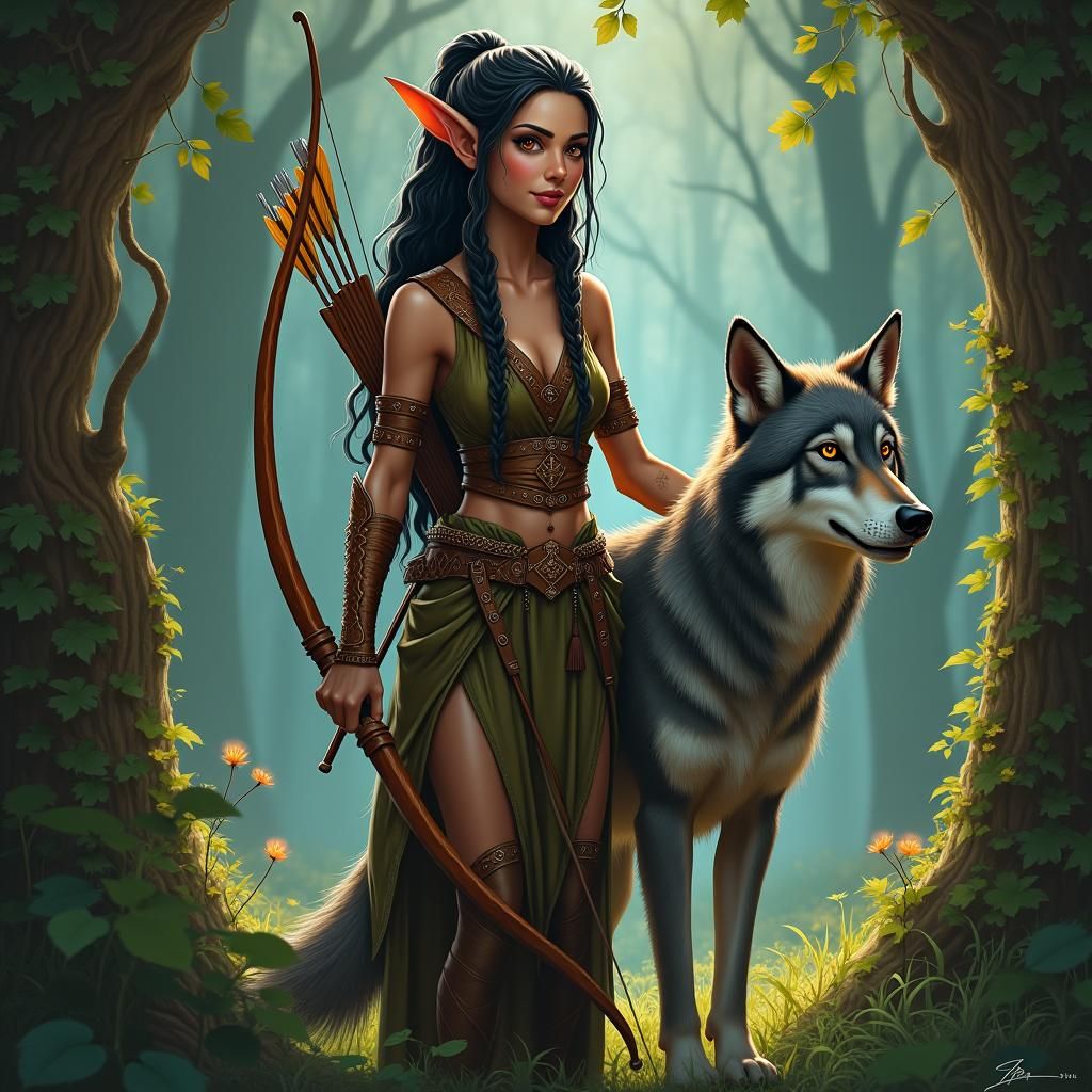 Wood Elf with Wolf in Mystical Forest