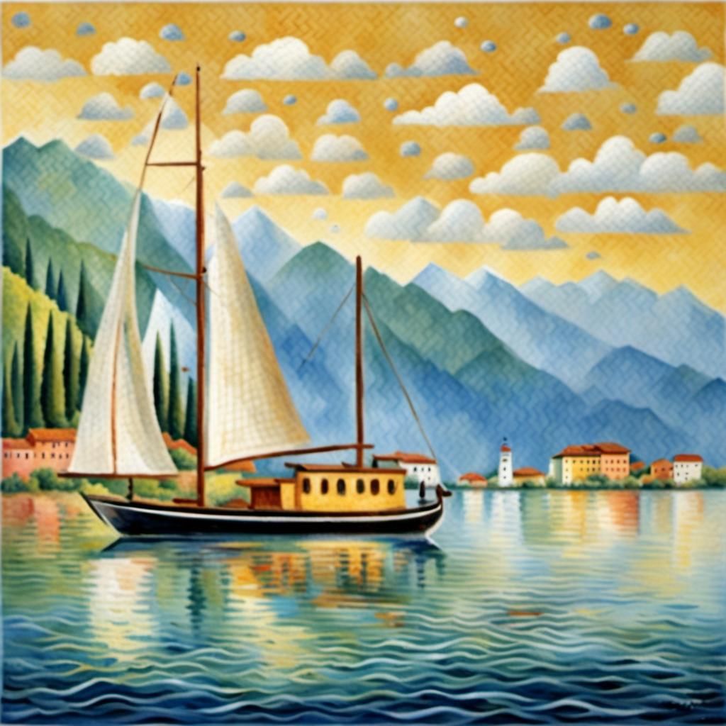Lake Garda Sailboats in Folk Art Style