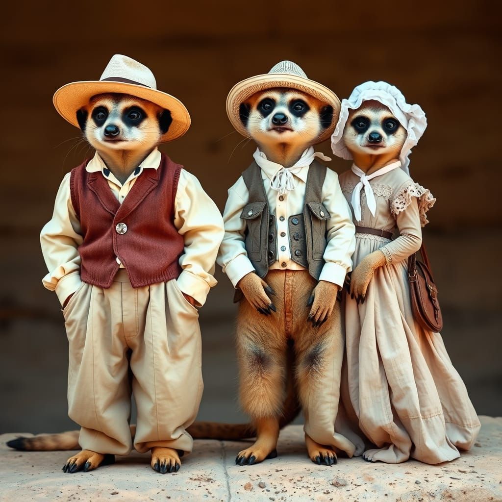 Meerkats in Voortrekker Victorian Dress, Whimsical Art