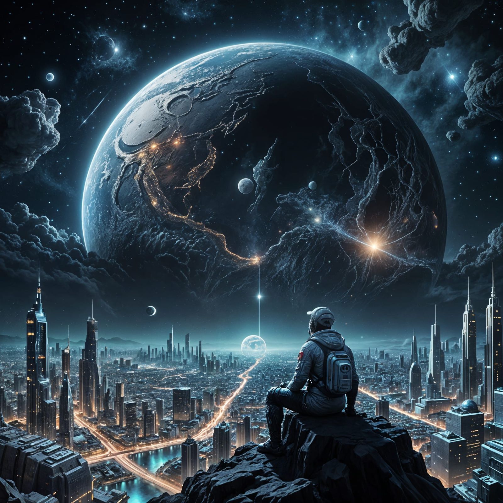 Cosmic Voyager Contemplates Earth's Beauty in Futuristic Lun...