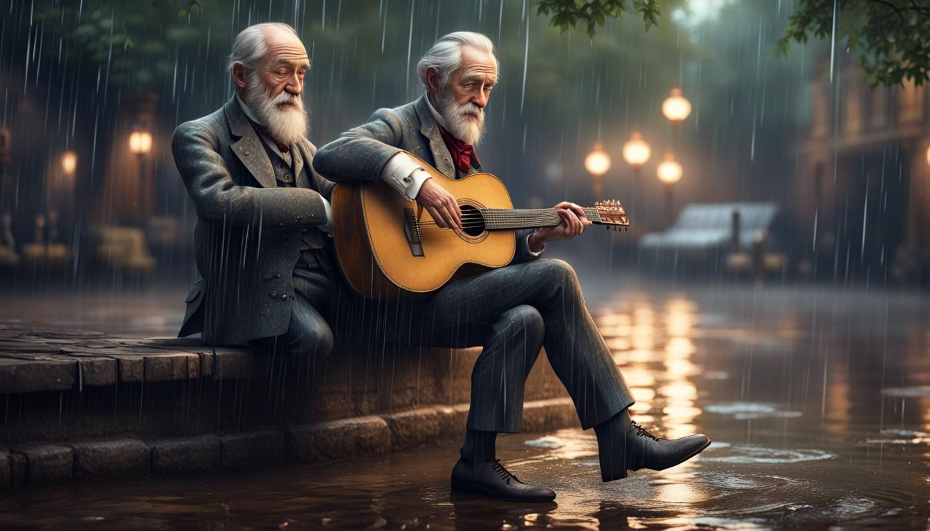 Old Man Playing Guitar in Rain: Detailed Matte Painting