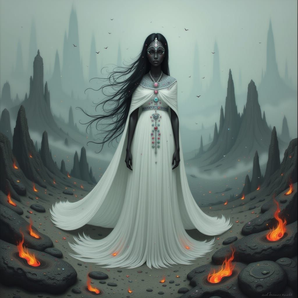 Goddess of Mist in Desolate Landscape, Digital Art