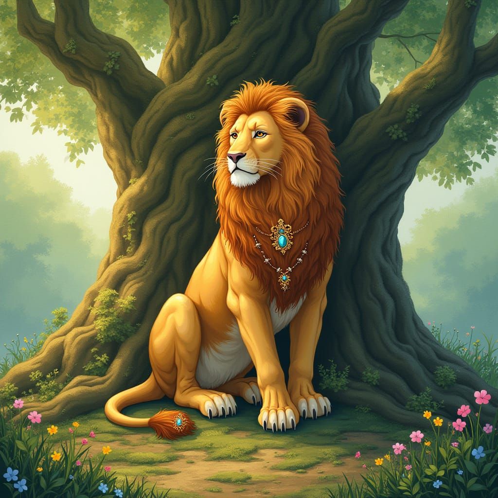 Regal Lion on Ancient Oak Throne in Enchanted Forest