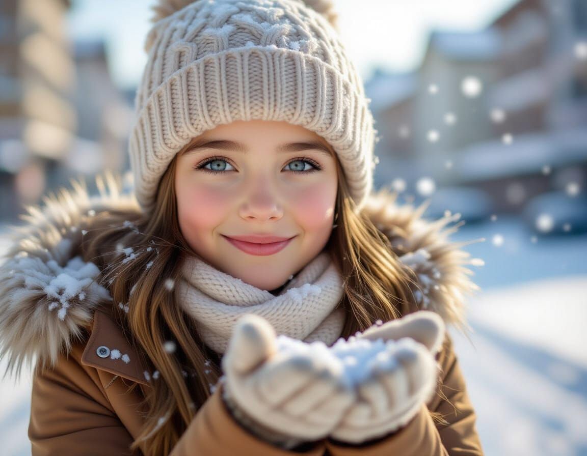 Girl Catching Snowflakes in Snowy City