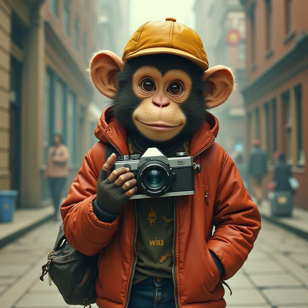 Monkey Photographer in Urban Cityscape
