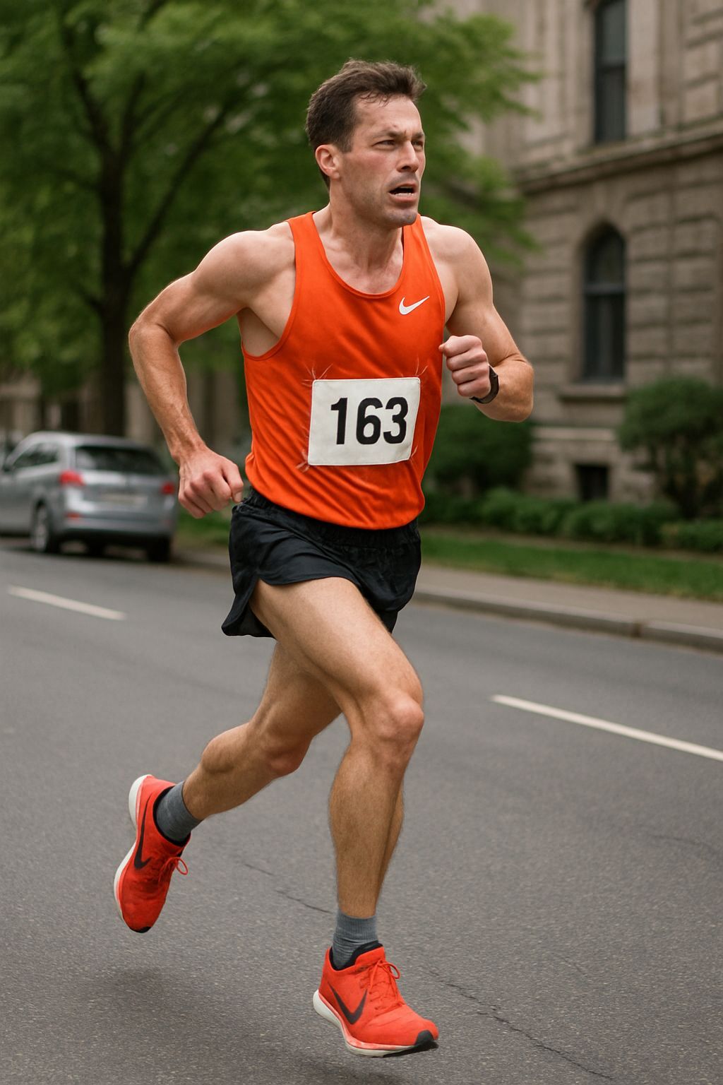 Male Runner Mid-Stride in Road Race