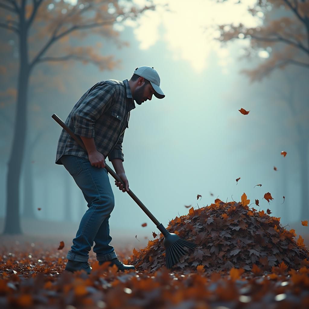 Man Raking Leaves in Matte Painting Style