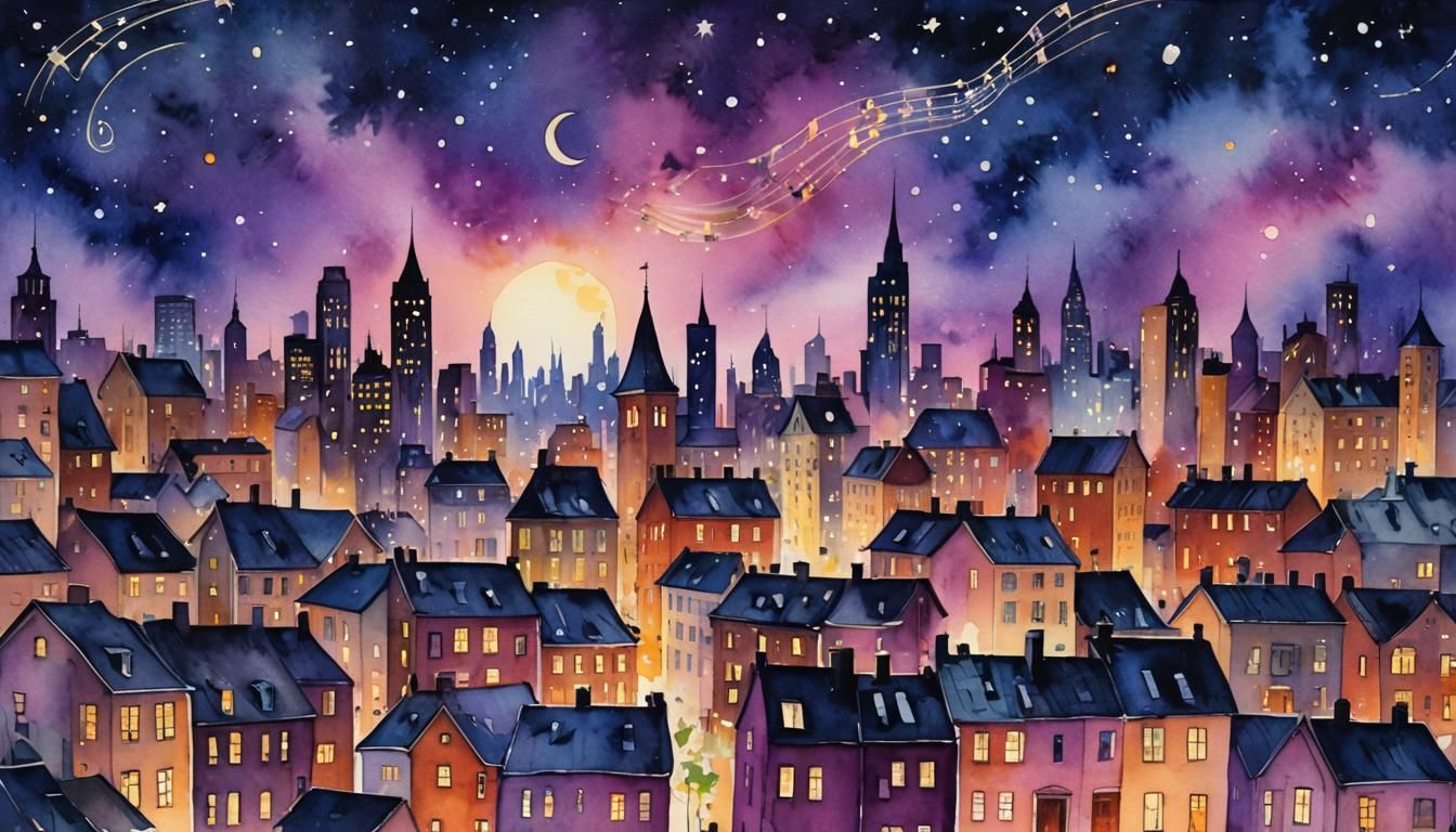 Musical Note Cityscape in Vibrant Watercolor
