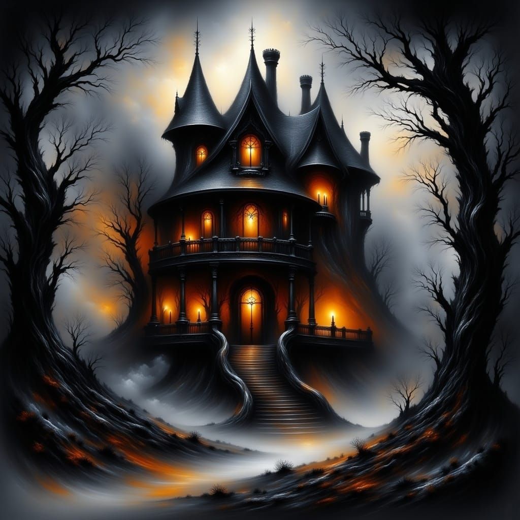 Haunted Victorian Mansion with Bats and Cobwebs