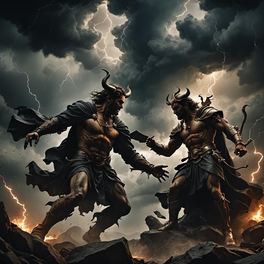 God and Devil Confrontation in Stormy Skies