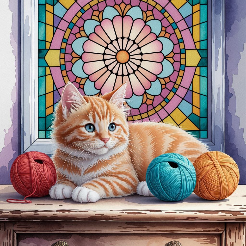 Cute Ginger Kitten with Yarn, Watercolor Style