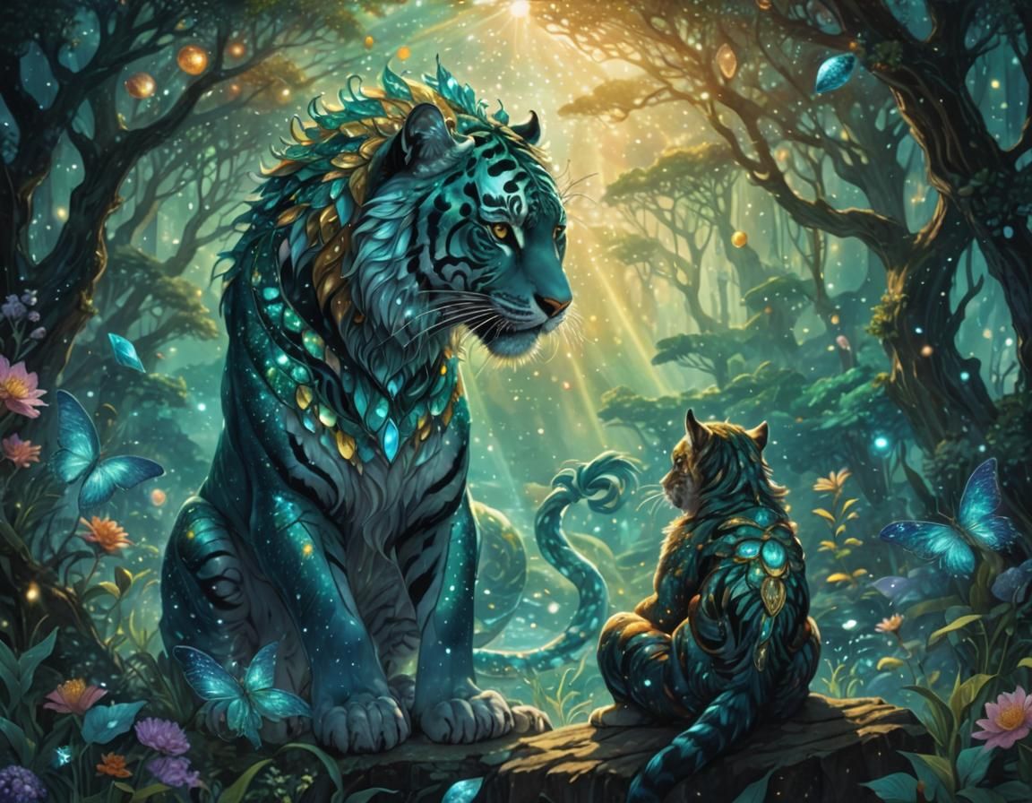 Enchanting Anime Tiger in Bioluminescent Forest
