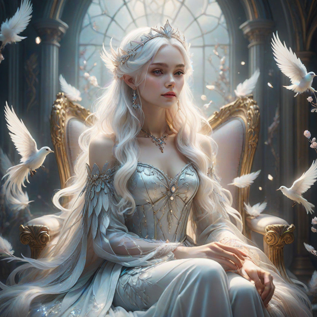 Ethereal Fae Queen on Throne in Dreamy Fantasy Art