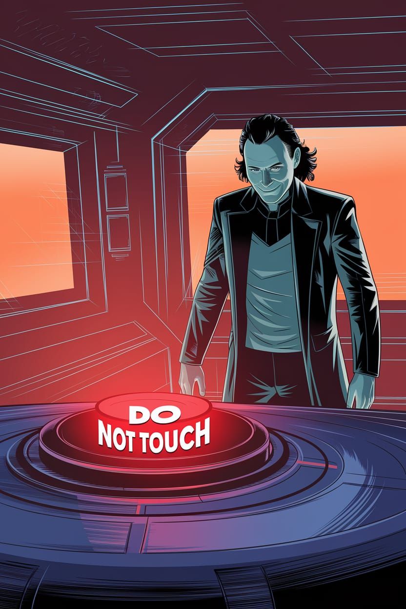 Loki in a Futuristic Control Room with a Glowing Red Button