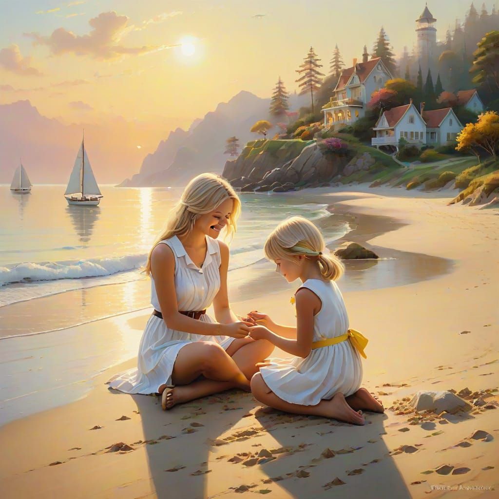 Dreamy Beach Scene in Kinkade Style