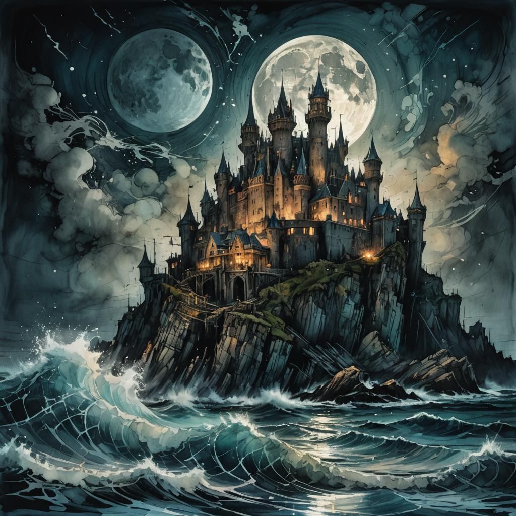 Moonlit Castle Seascape in Ink and Paint Fusion Style