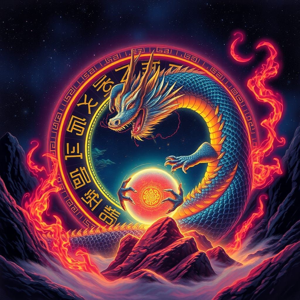 Mystical Dragon Coils Behind Glowing Runes in Psychedelic Ar...