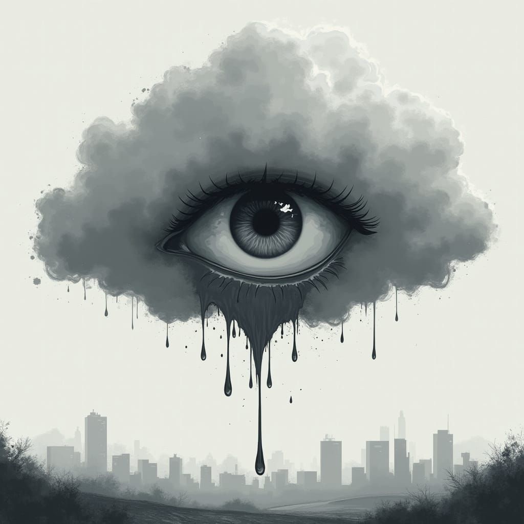 Melancholic Cloud with Realistic Eye, Comic Style