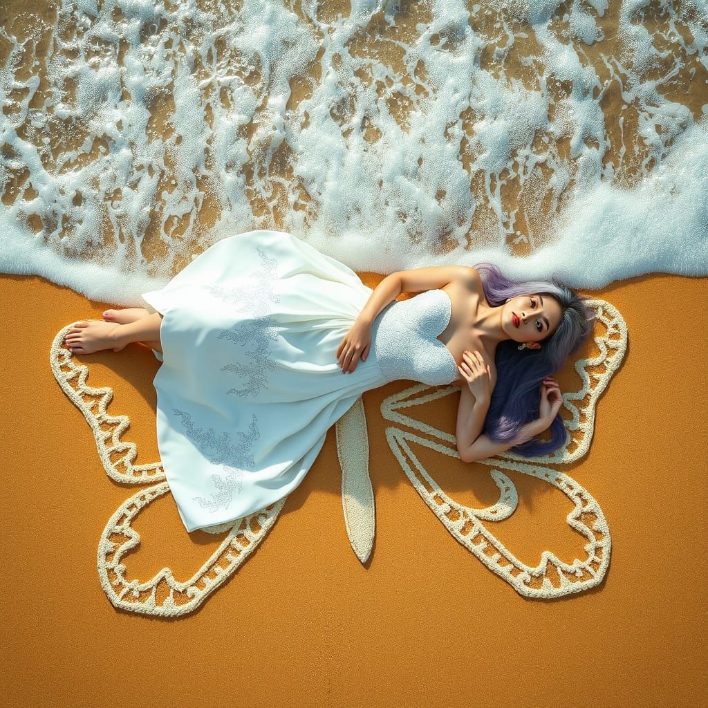 Ethereal Asian Woman on Beach in Silk Dress - Hyperrealistic...